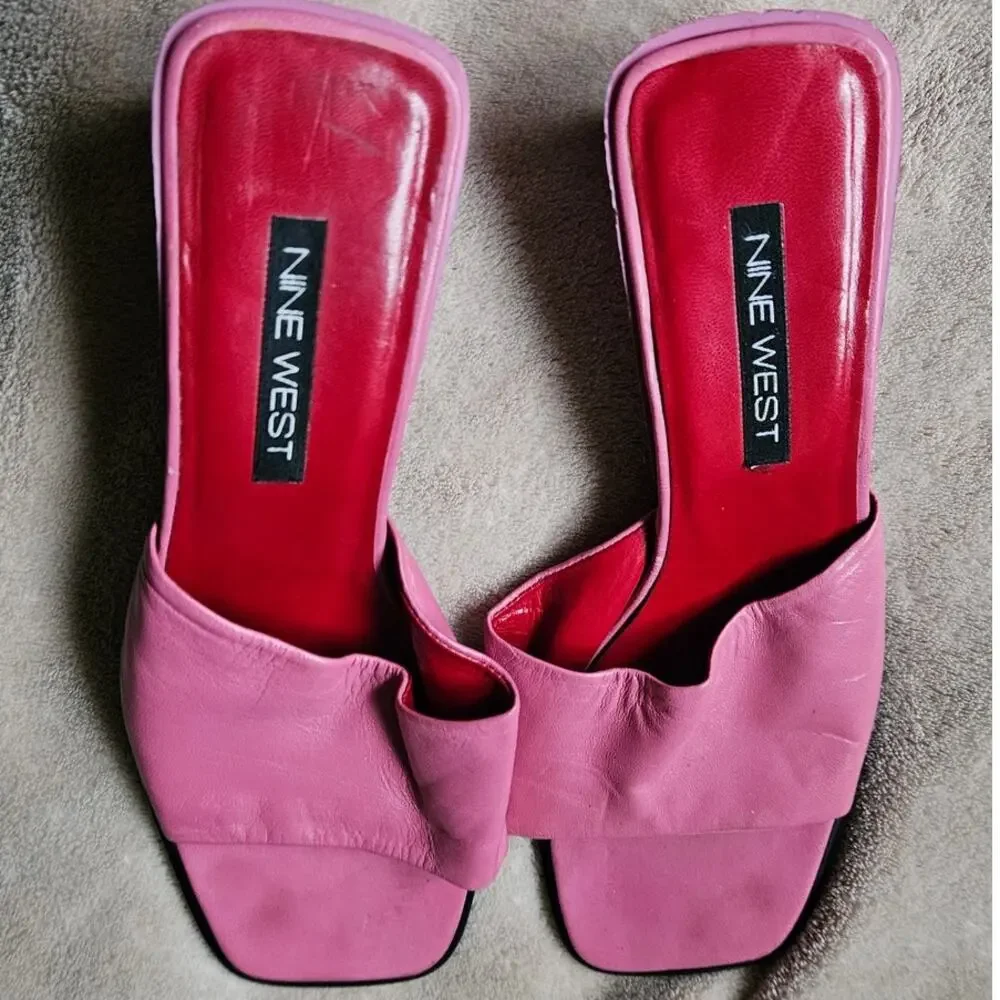 Nine West Square Toe Slide Sandals Pink Leather Mules Y2K 90s Slip On Sz 8.5 - Picture 2 of 14